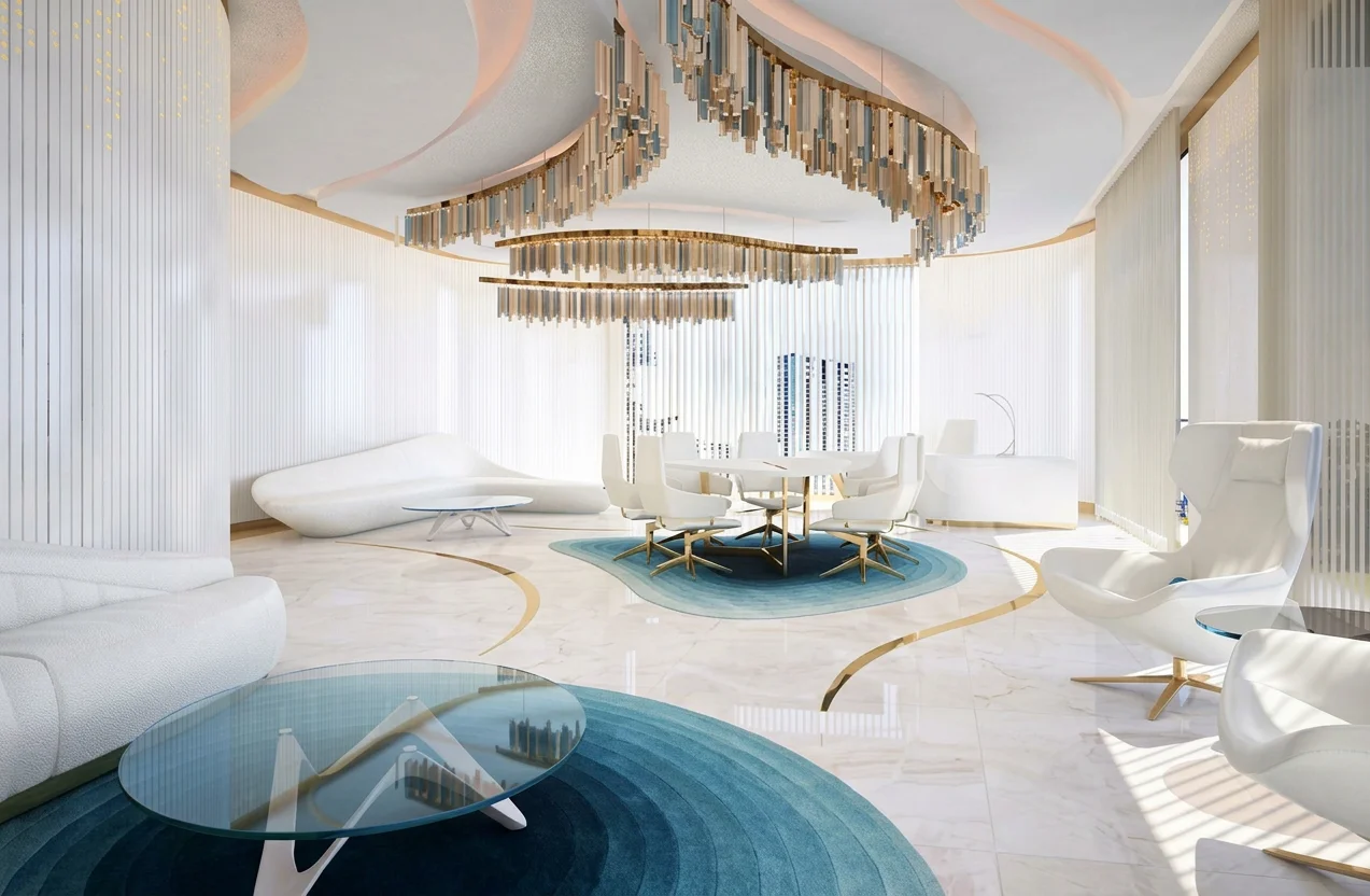 Luxury suite opening to a sea terrace at dusk